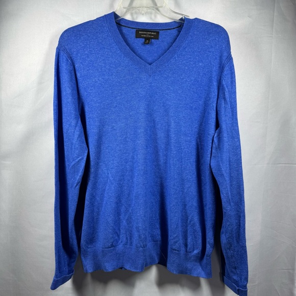 Banana‎ Republic Men’s Heather Cotton Yarn Blue V-Neck Sweater Classic Knit - Picture 1 of 10